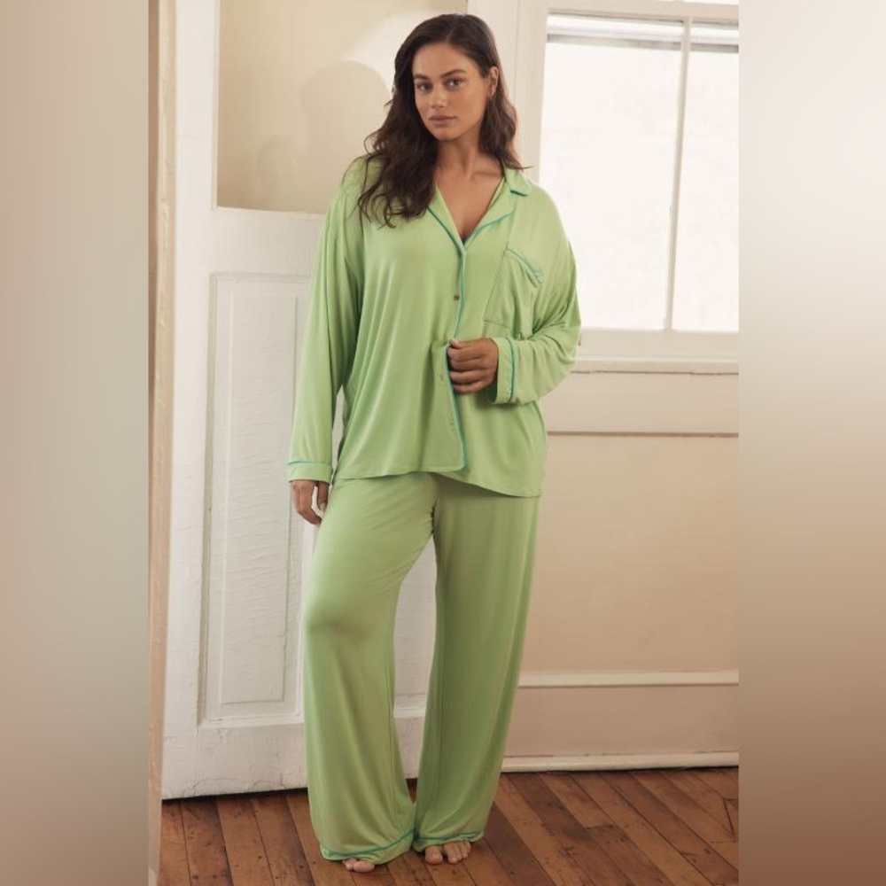 Anthropologie Light Green Satin-Trim Pajama Set